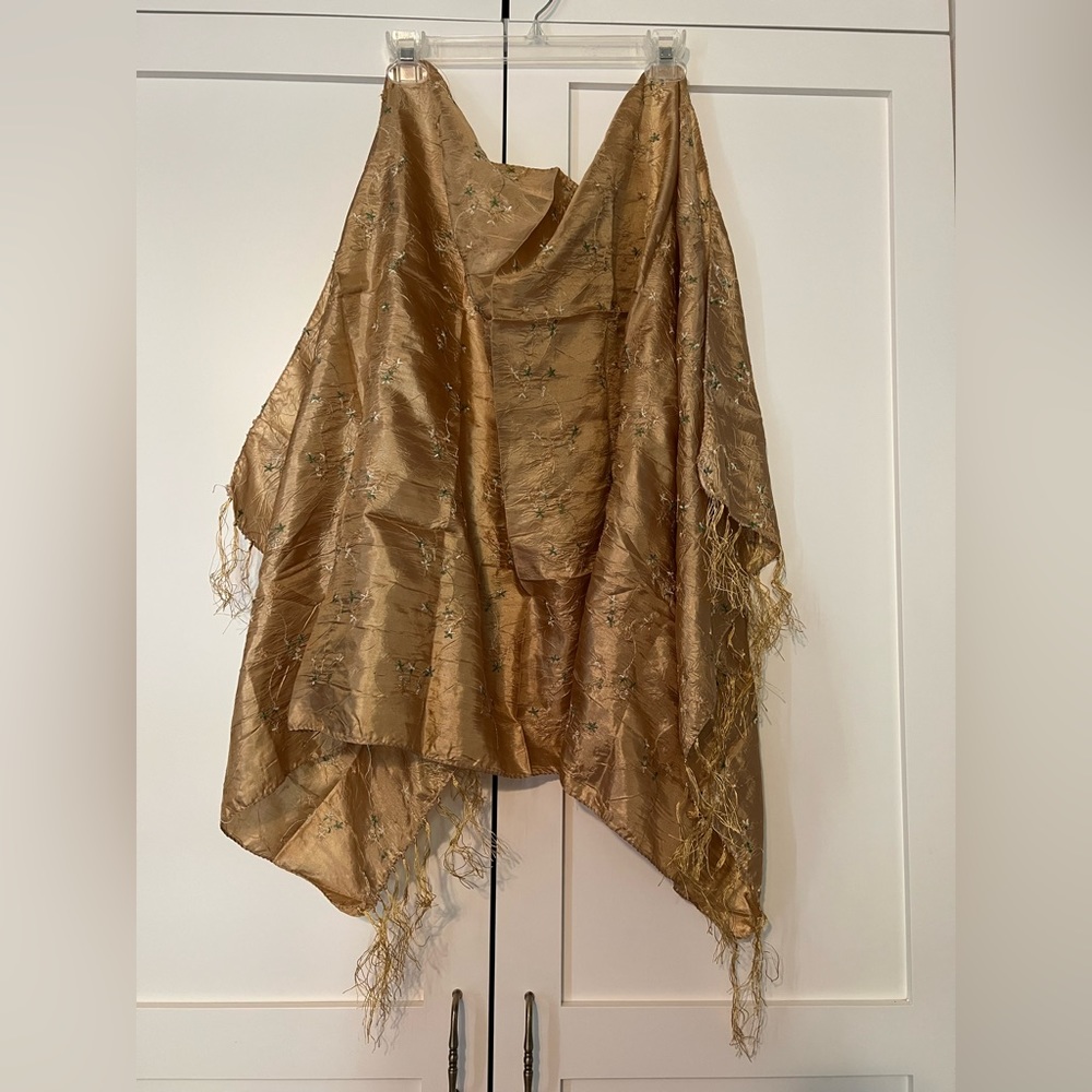 Extra large gold silk embroidered scarf or wrap with fringe